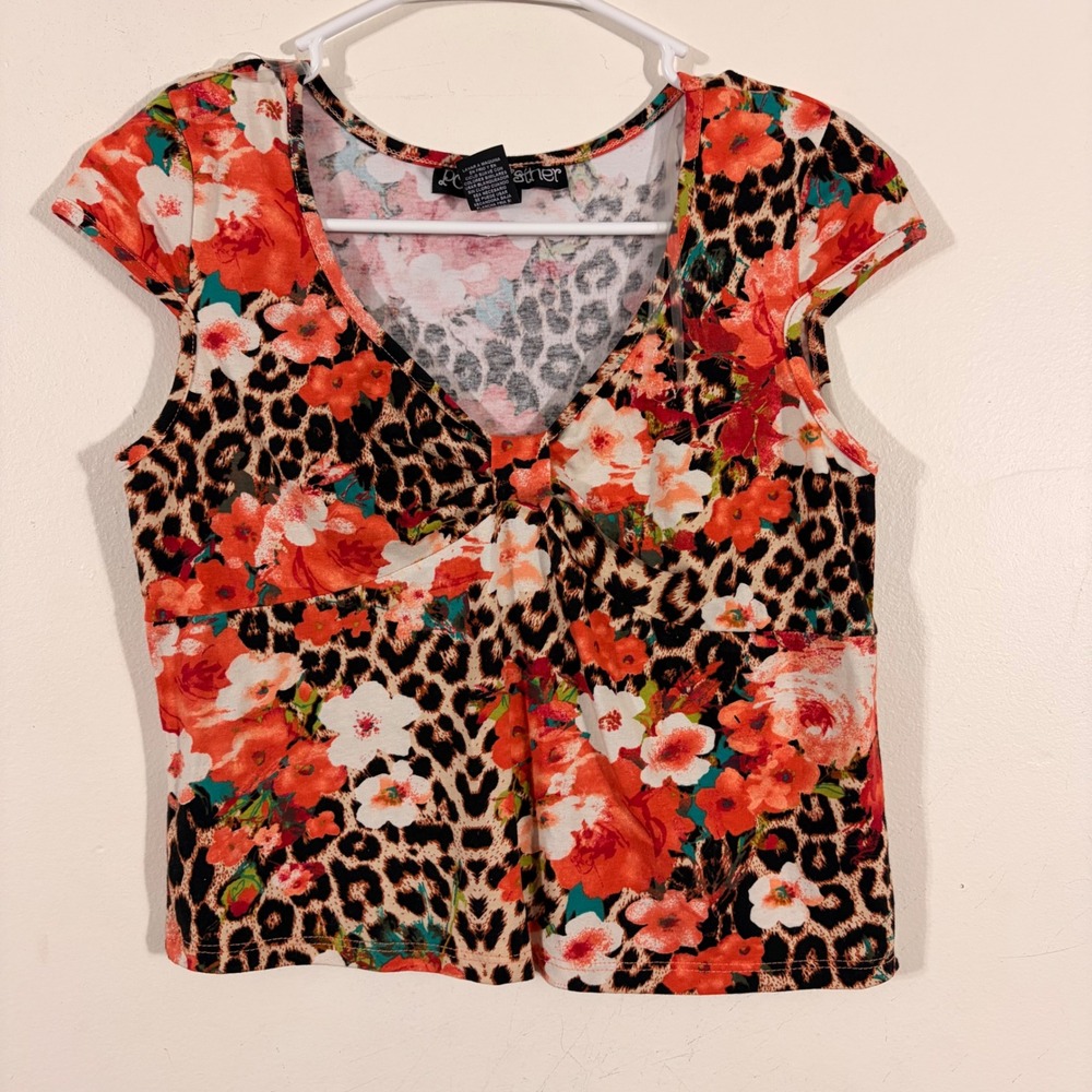 Polly & Esther Cap Sleeve Top Womens Large Orange Floral Leopard V-Neck